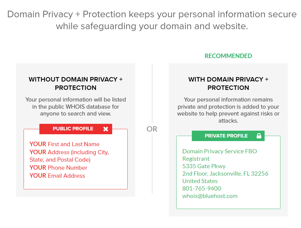 Bluehost’s domain privacy + protection service during .ai domain registration.