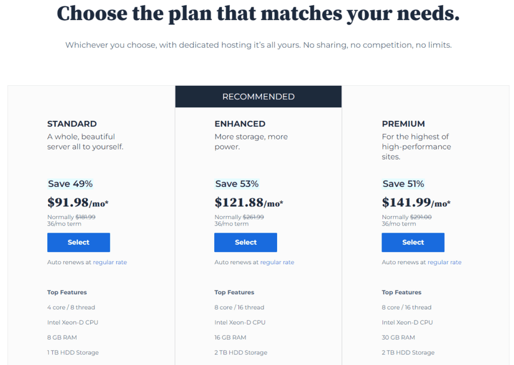dedicated web hosting plans