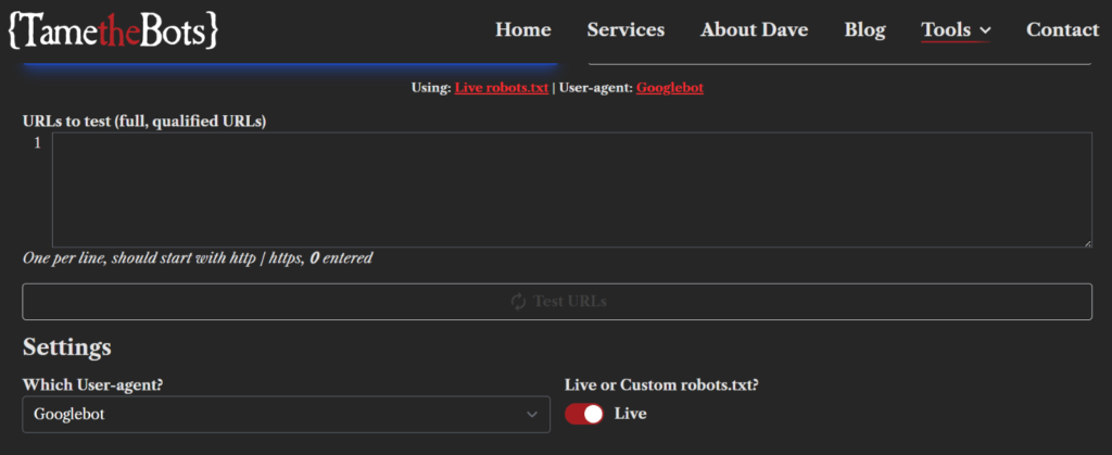 TametheBot robots.txt testing tool