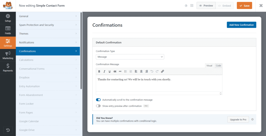 Confirmation message