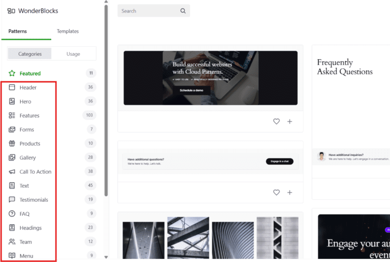 Browse templates like ‘Hero’, ‘Features’, ‘FAQ’, ‘Testimonials’ and many more in right side bar.