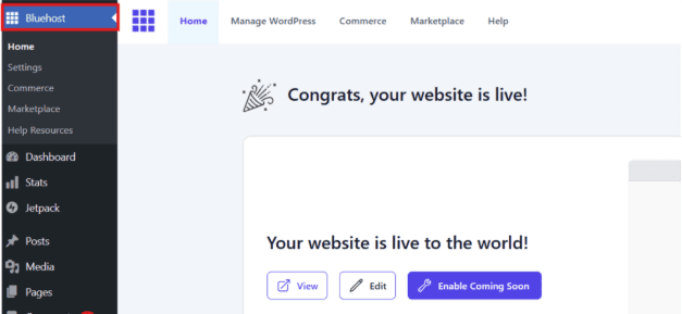 Open WordPress Dashboard. Click on ‘Bluehost’.