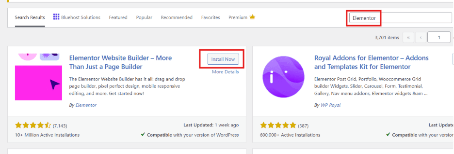 Search ‘Elementor’ and install plugin.