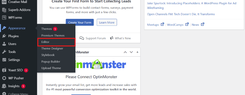 In ‘Appearance’ click on ‘Editor’