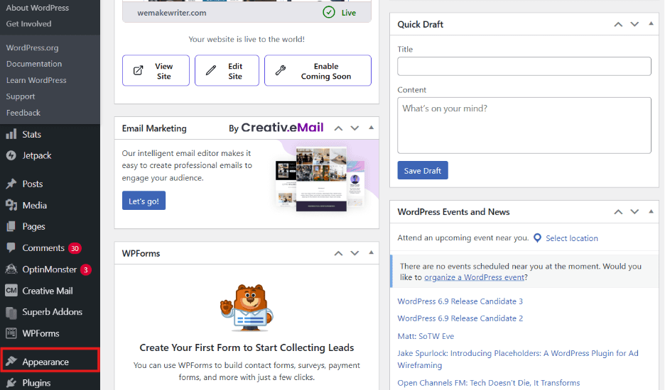 In WordPress Dashboard and click on ‘Appearance’.