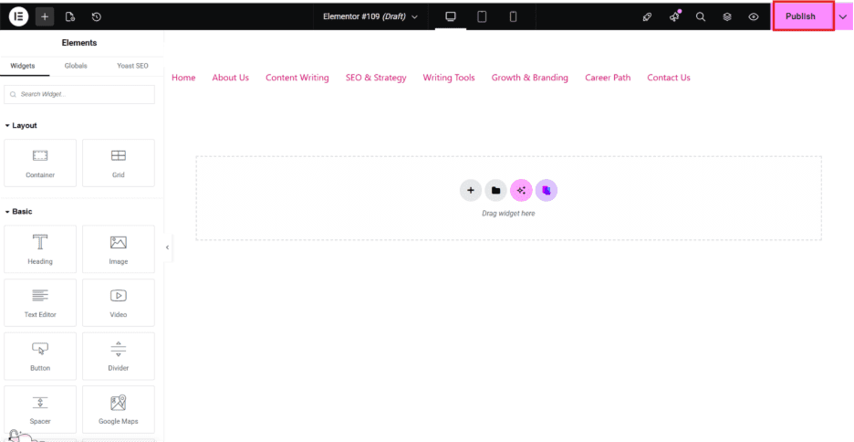page open with the widgets panel