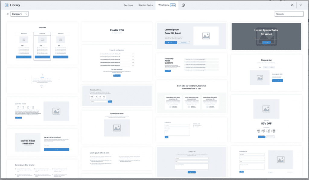 Capture d'écran de la bibliothèque de wireframes WordPress Kadence Blocks