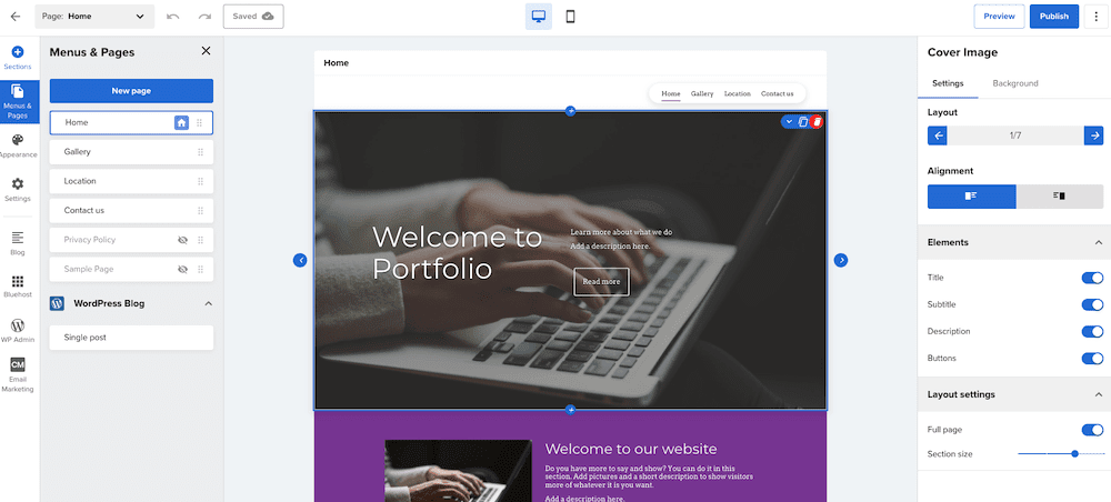 Un ejemplo de algunas de las opciones de personalización y secciones que puede agregar dentro del Creador de sitios web Bluehost