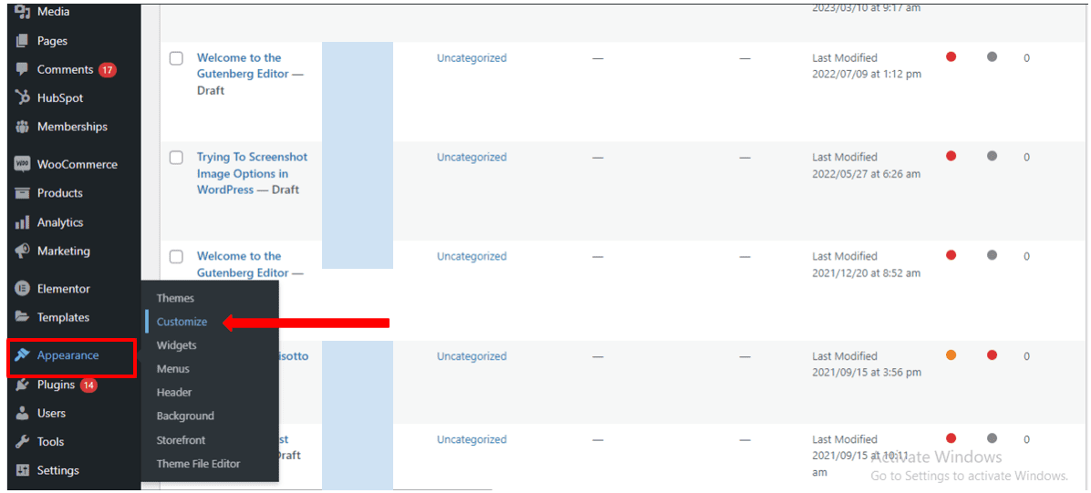 From the dashboard, hover over ‘Appearance’ and click ‘Customize.’ 