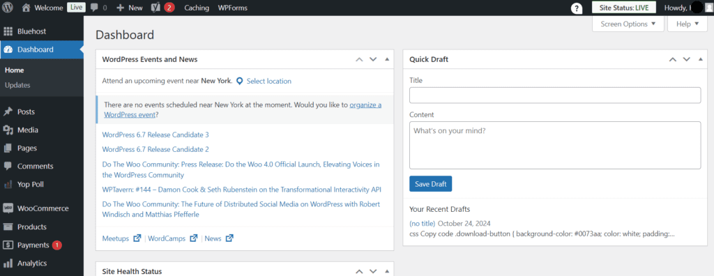 Wordpress admin dashboard