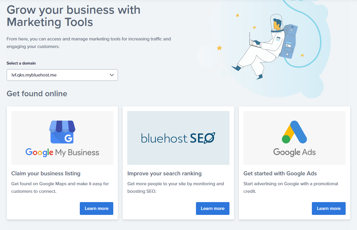 Marketing tools offered by Bluehost.