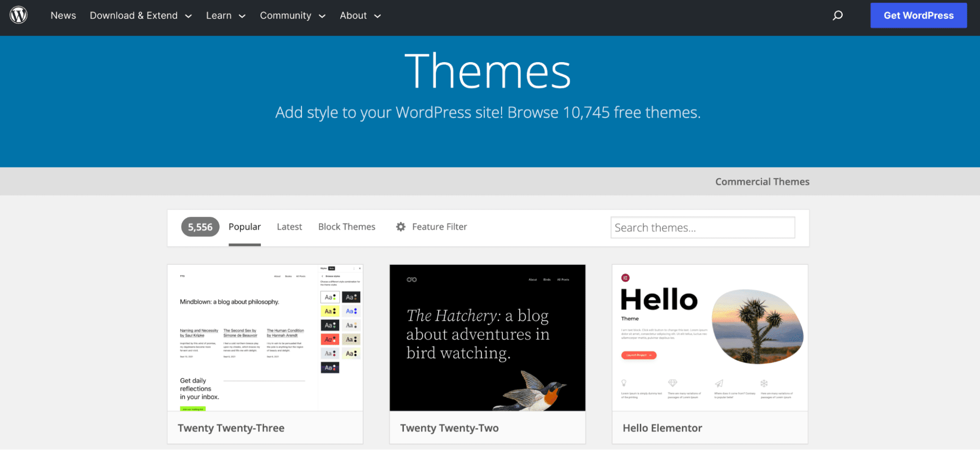The WordPress theme directory lets you browse over 10,000 free themes.
