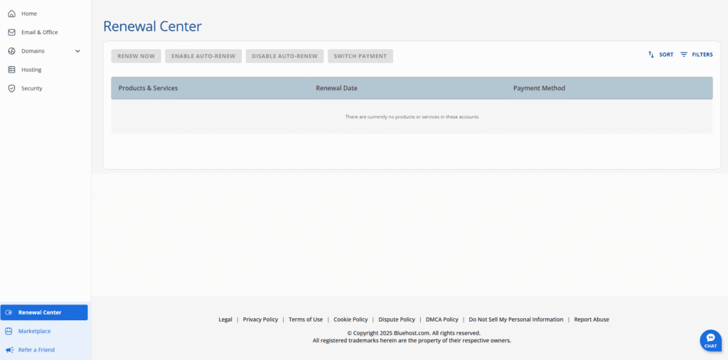 Renewal Center in Bluehost Control Panel