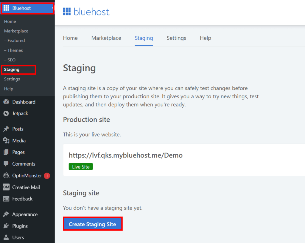 Bluehost Staging-Site erstellen.