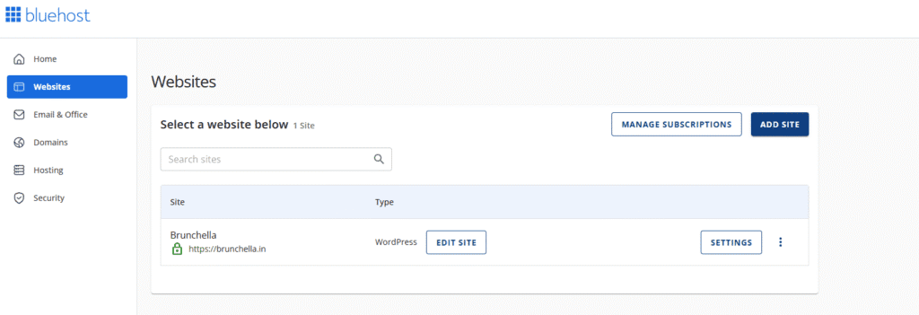 Websites in Bluehost Control Panel