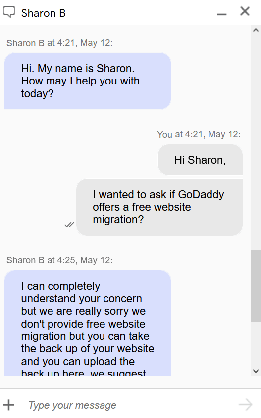 Antwort vom GoDaddy-Kundenservice.