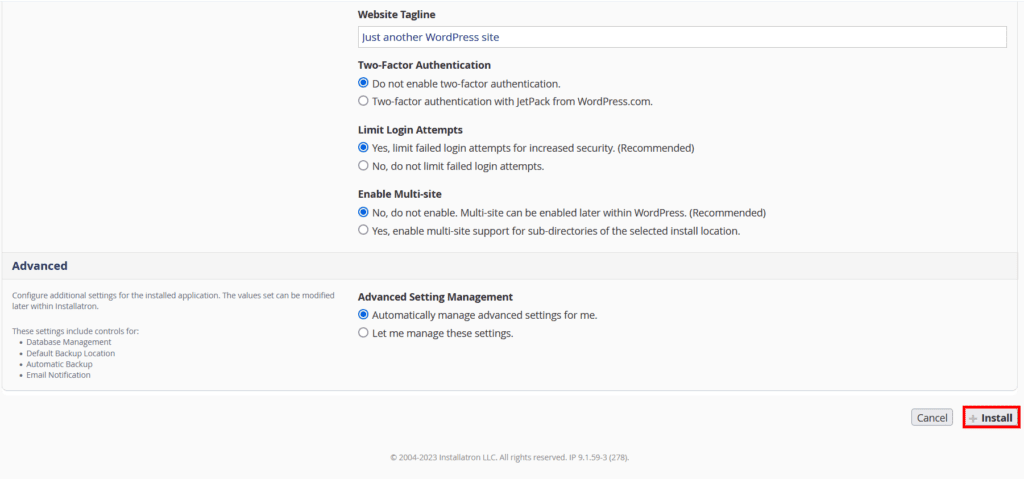 Einstellungen für die WordPress-Installation bei GoDaddy.