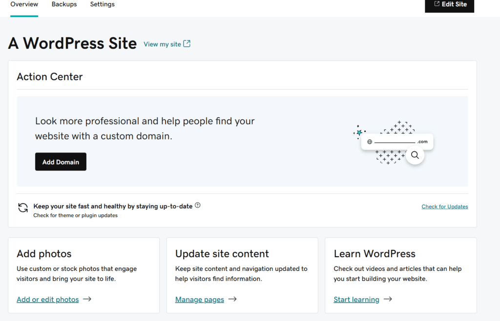 Das WordPress-Plan-Dashboard von GoDaddy.