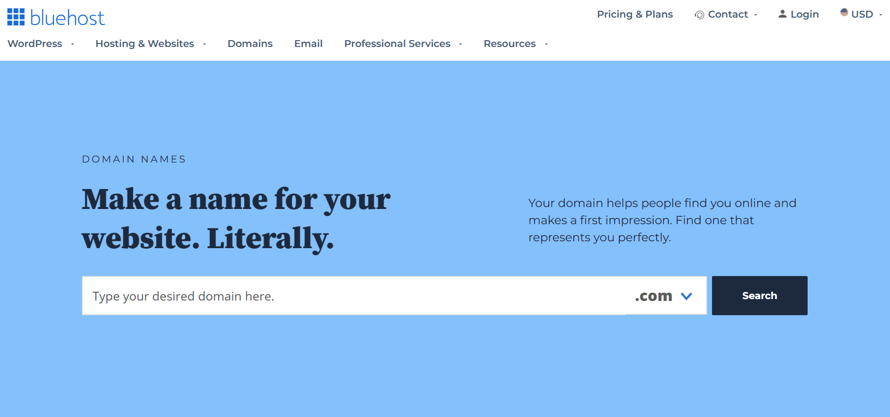 Utilice la herramienta de dominios Bluehost para encontrar y comprar dominios a un excelente precio.