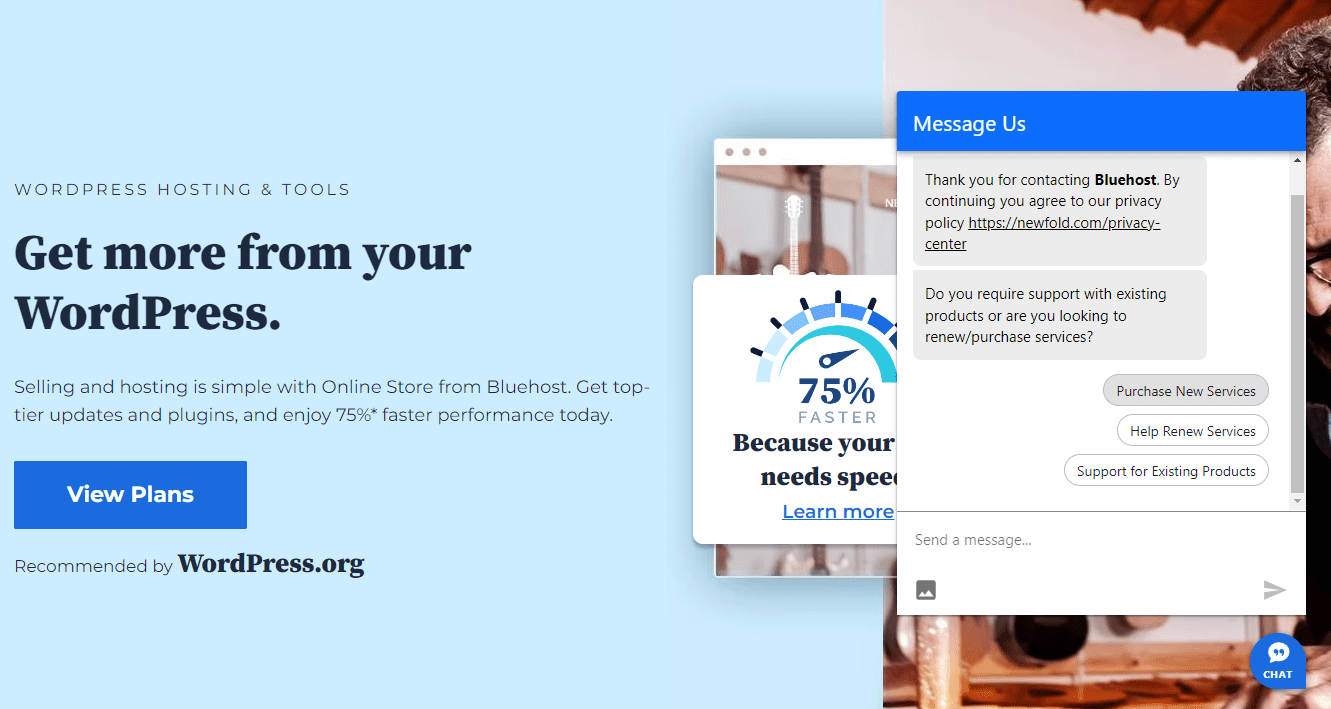 Bluehost’s website includes an automated chatbot.