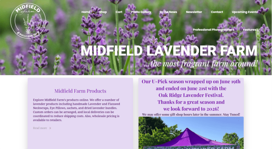Midfield Lavender Farm built website using Bluehost WonderSuit