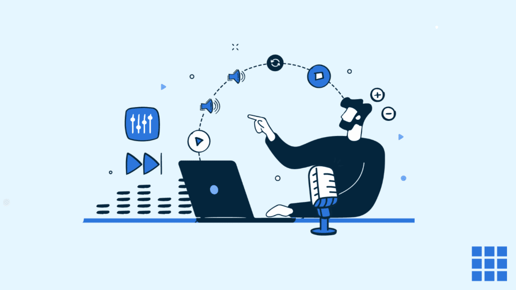 Illustration of a man editing a podcast