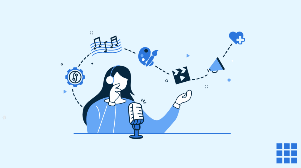 Illustration of a girl recording a podcast