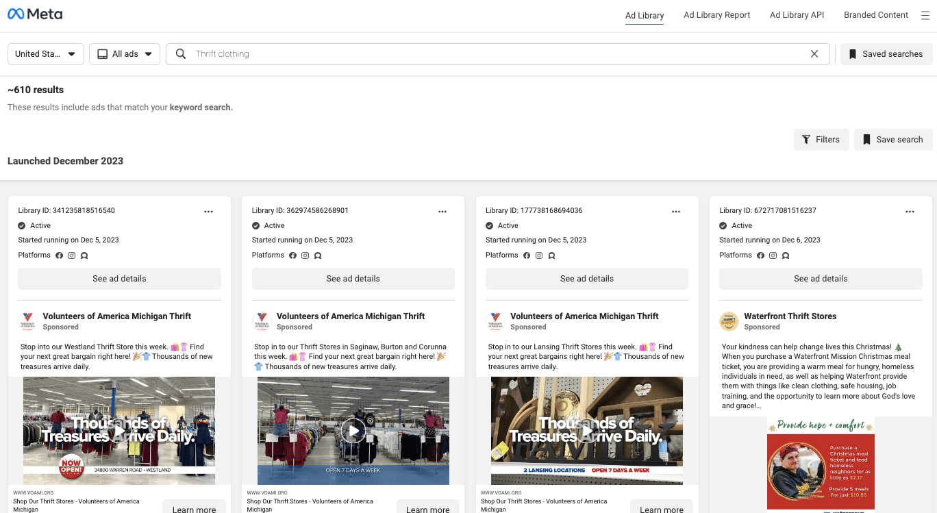 Los resultados de la biblioteca de anuncios de Facebook son "ropa de segunda mano".