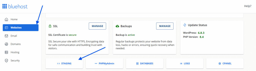 Open Staging from Bluehost dashboard