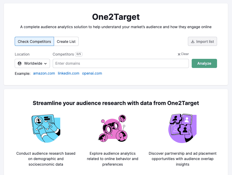 La herramienta de análisis de audiencia de Semrush, One2Target, proporcionará una investigación detallada de la audiencia.