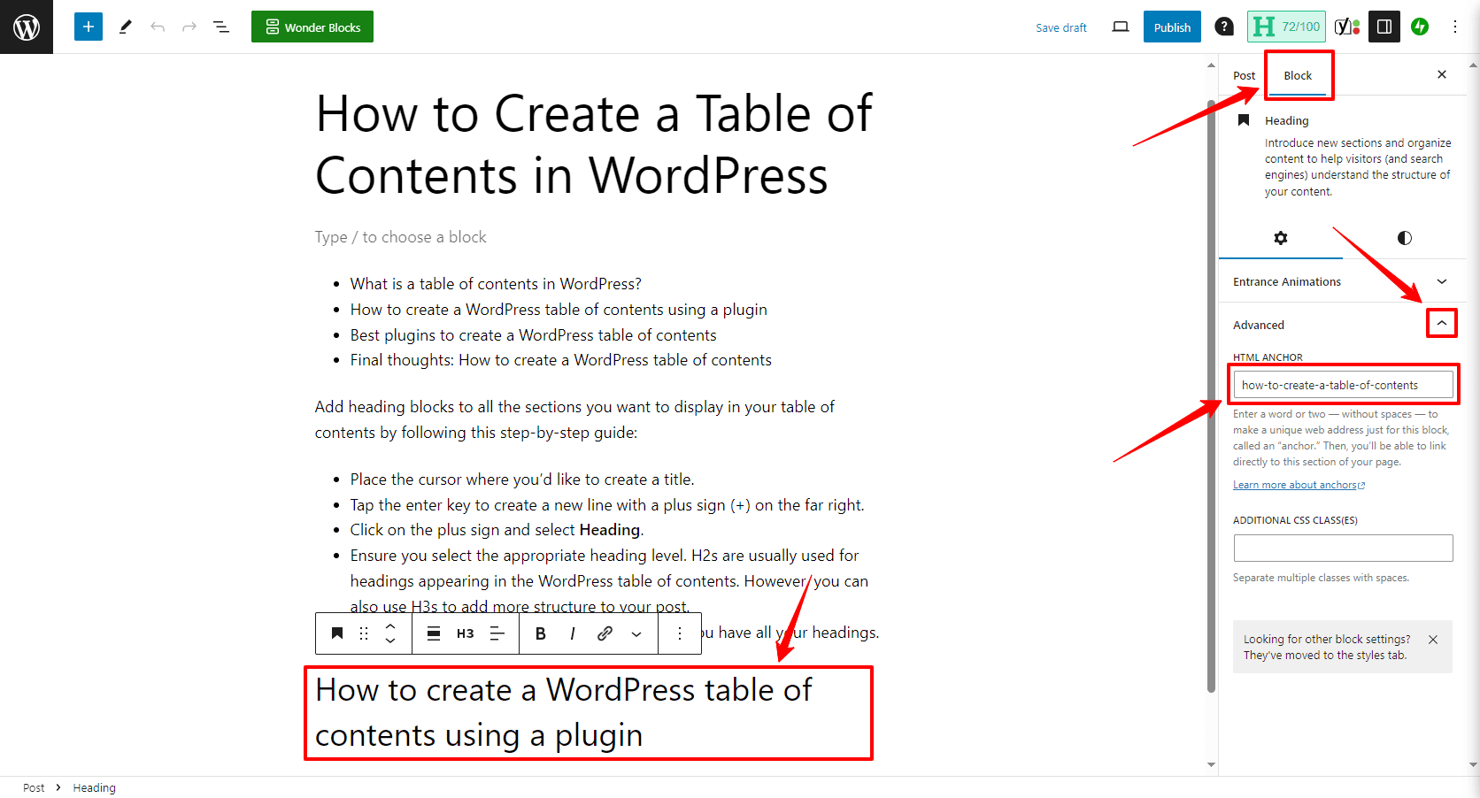 Adding an HTML ANCHOR to a heading.