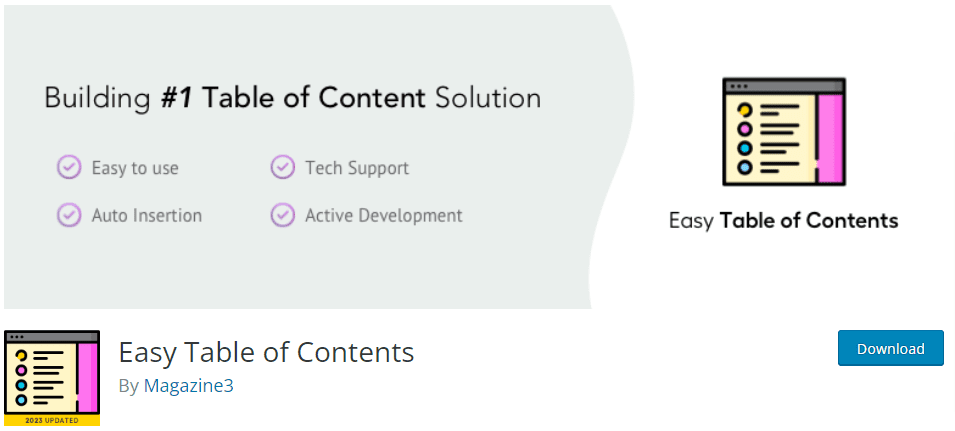 Easy Table of Contents plugin enables you to create a customized TOC.
