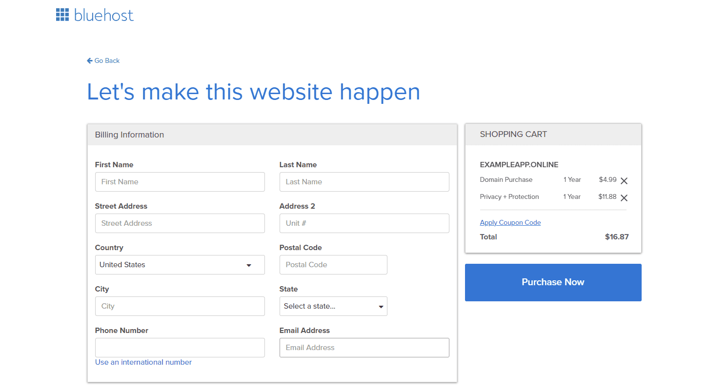 Purchasing a domain name from Bluehost is quick and easy.