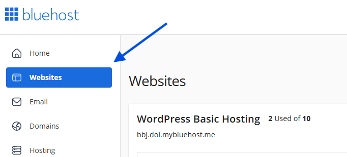 Click on the Website tab on Bluehost AM