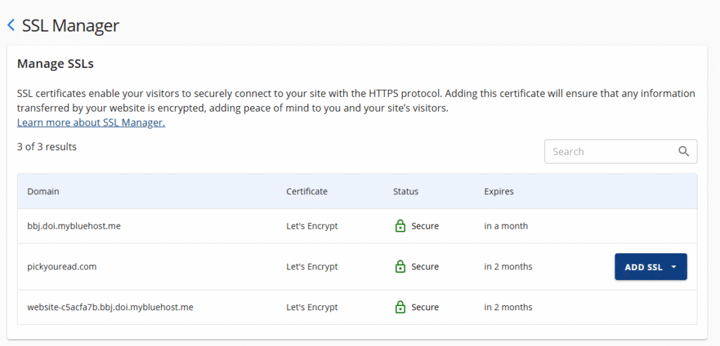view SSL status and type on Bluehost