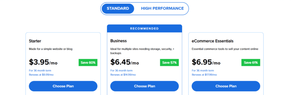 Standard shared hosting plans by Bluehost