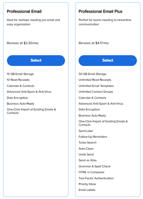 Bluehost email plans