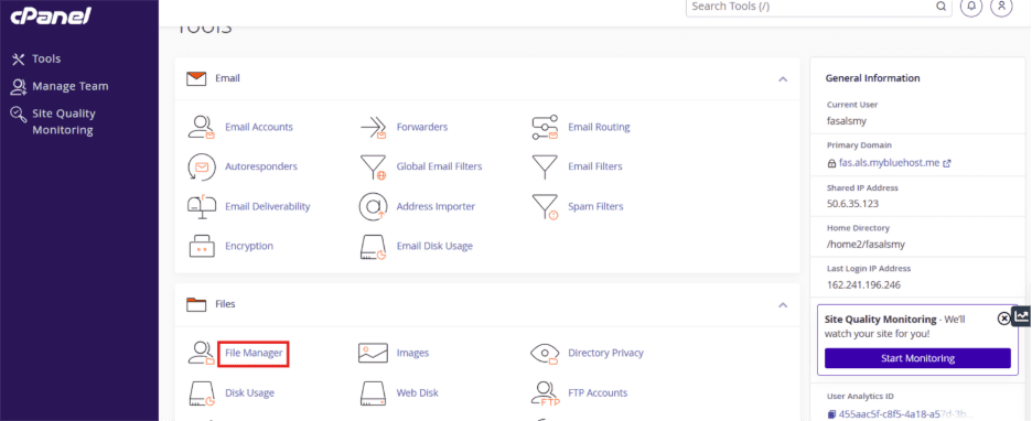 Open cPanel and click on File Manager