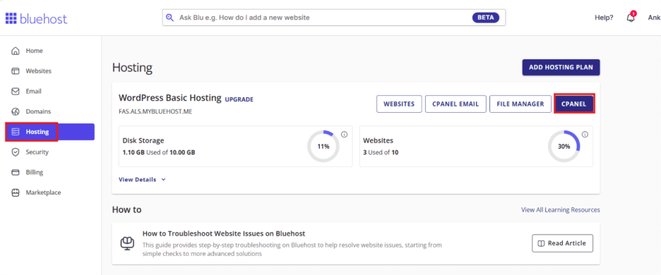 Open your Bluehost dashboard and click on hosting