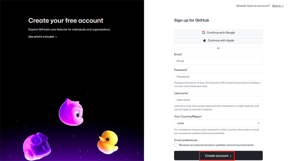 create account using Google, Apple or email address