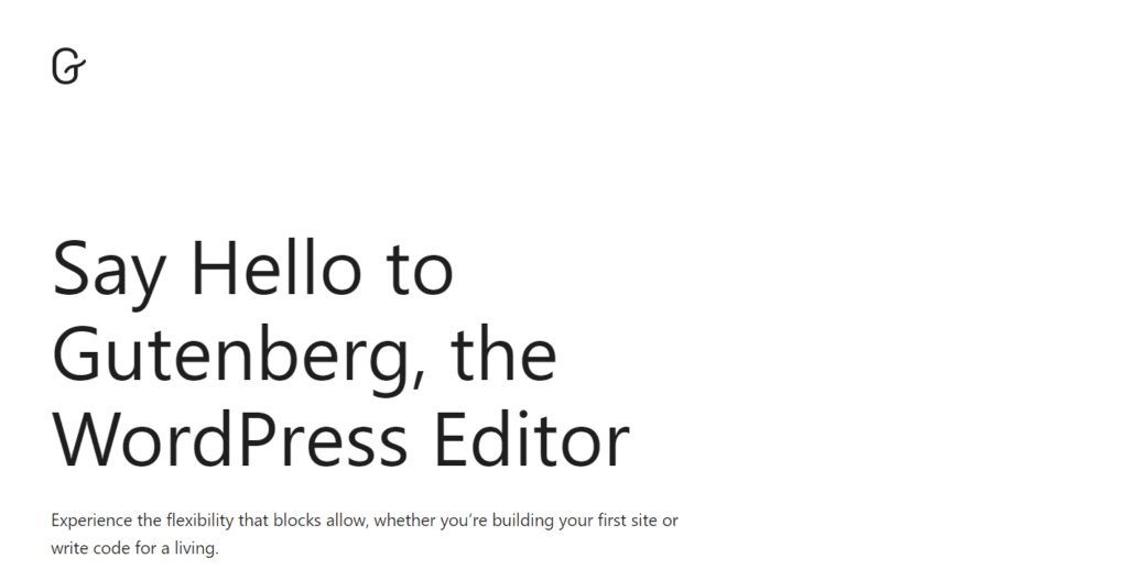 Welcome screen of Gutenberg editor 