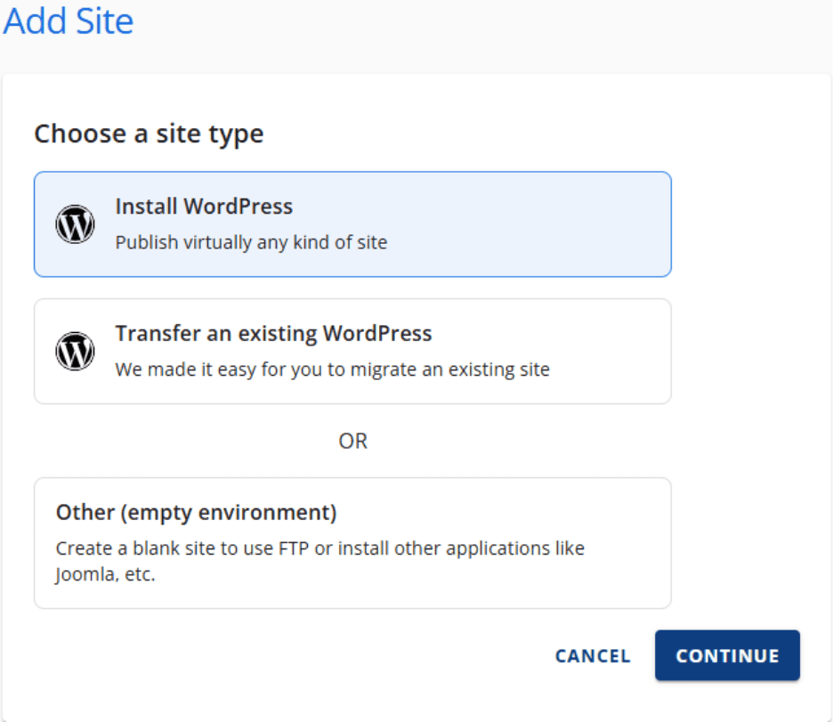 Select Install WordPress and then click ‘Continue’.