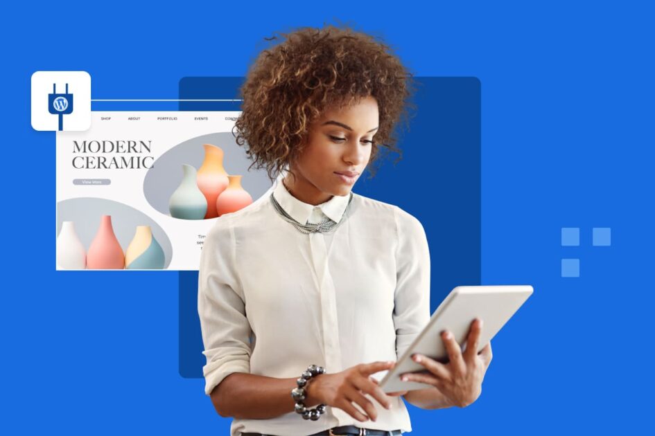 A graphic image with Blue background having wordpress logo in a plug and a girl searching on a tab device in hand