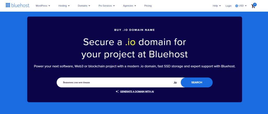buy .io domain with Bluehost