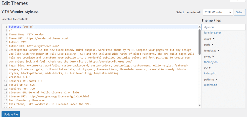 edit code in Theme file editor