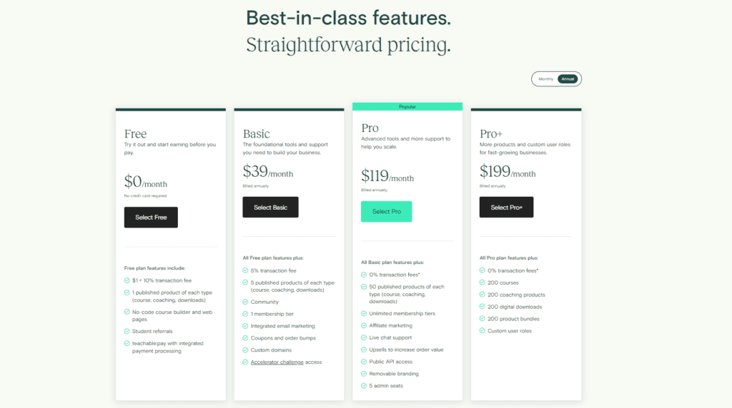 Teachable pricing plans