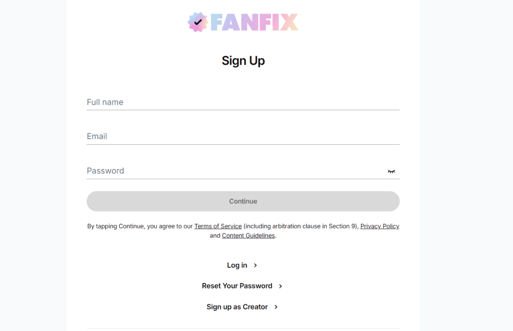 Fanfix sign up page