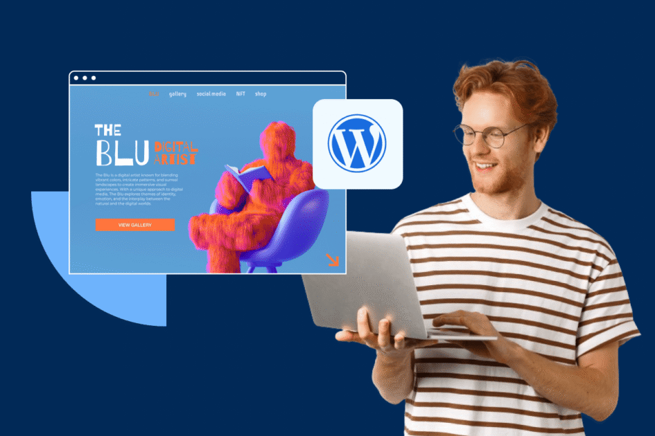 Man standing with laptop with WordPress logo in background