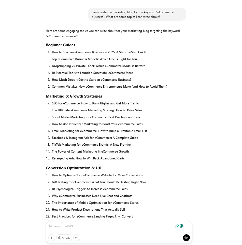 Prompt example of ChatGPT for SEO 