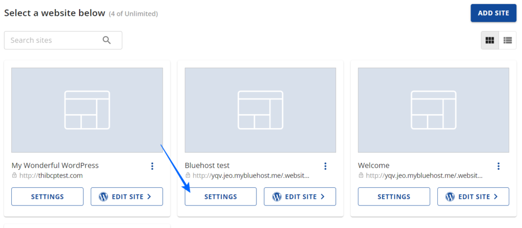 Selecting the website you want to create a backup of